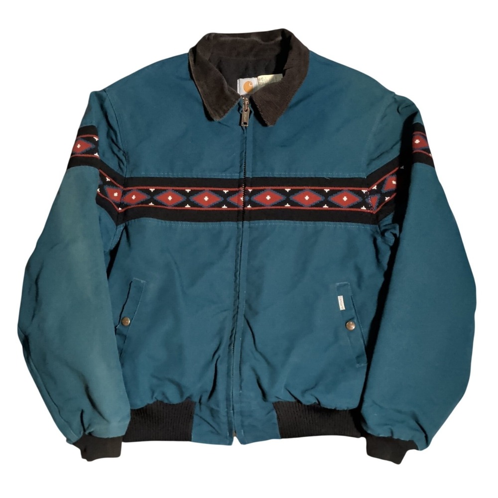Vintage Carhartt JQ055 Aztec Jacket Mens Size XL Dark Teal Canvas Workwear Work